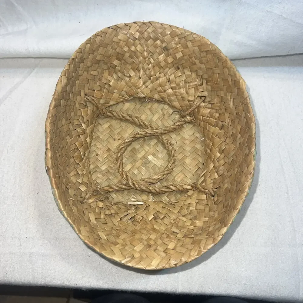 Sea Grass Woven Basket Natural And Teal Handles Medium Vintage Plant‎ Basket